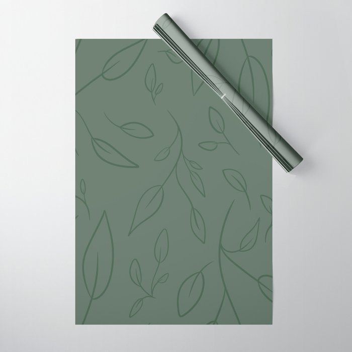 Falling Leaves Hand Drawn Pattern - Dark Green Wrapping Paper by